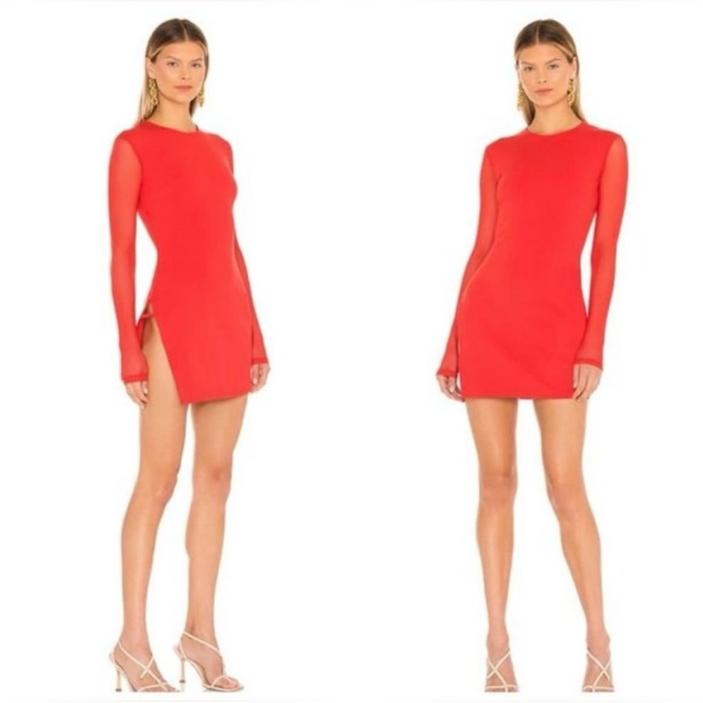 SUPERDOWN XXS Red dress long sleeve mesh with side slit